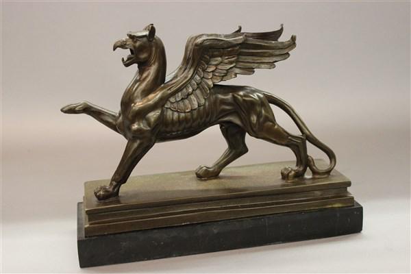 Aft. Pierre Roche Bronze Gryphon: After Pierre Roche bronze gryphon statue set on marble base. Signed "Roche" Dimensions: 9 1/2" X 12" X 4"