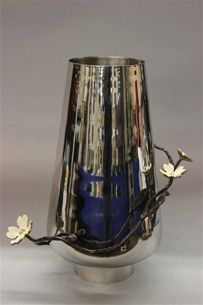 Michael Aram Dogwood Designer Vase: Michael Aram dogwood designer vase. Signed at base. Polished stainless steel with applied metal dogwood flowers and branch. Dimensions: 13" X 10":
