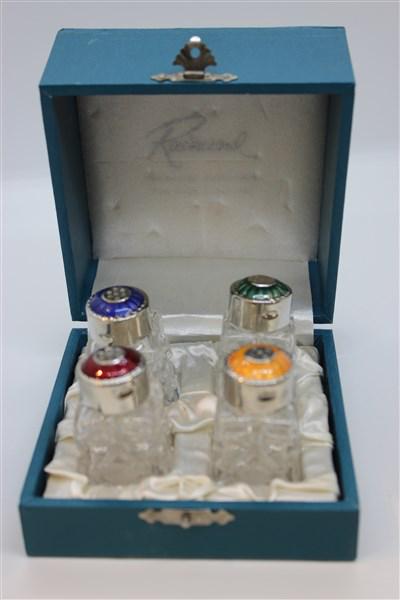 Guilloche Enameled Sterling Silver Salts Set: A set of Four (4) guilloche enameled sterling silver salts. Dimensions: 2"h