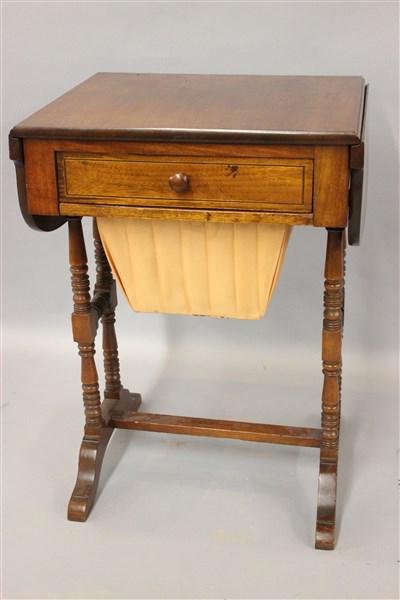 19th C. Mahogany Sewing Stand: A 19th century mahogany sewing stand with yarn drawer. Dimensions: 27"h X 34"L X 16"d