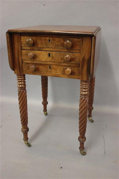 19th century Mahogany Work Table: A 19th century Classical style mahogany work table with desk and drop leaf sides. Dimensions: 30"h X 35"L X 20 1/2"d