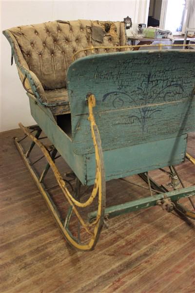 Antique Blue Hudson Valley Painted Horse Drawn Sled: Antique Hudson Valley blue painted and stencil decorated horse drawn snow sled. Pine wood. Restoration needed. Barn Find. Dimensions: 76" X 36" X 37"