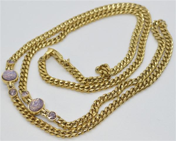 Givenchy Vintage Costume Necklace w/ Purple Opalescent: A designer signed Givenchy necklace with purple opalescent stones. Signed Givenchy Paris, New York Dimensions: 34" total length