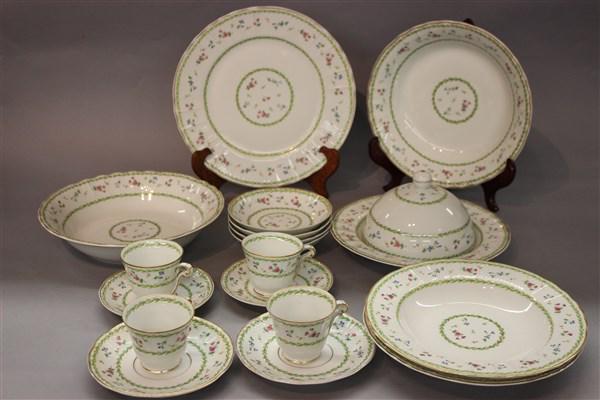 Bernardaud Limoges "Artois Vert" Porcelain Dinner Ware: Bernardaud Limoges "Artois Vert" partial porcelain dinnerware services as seen in photograph preview. Nineteen (19) pieces total all free of chips or cracks and flaws.