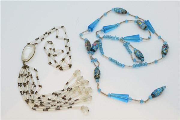 Original 20's-30's Estate Czech Glass Necklaces: Two older 1920's or 30's Czech glass long necklaces. Stunning white and blue glass drops. Dimensions: 19" drop (blue) and 16" drop (white)