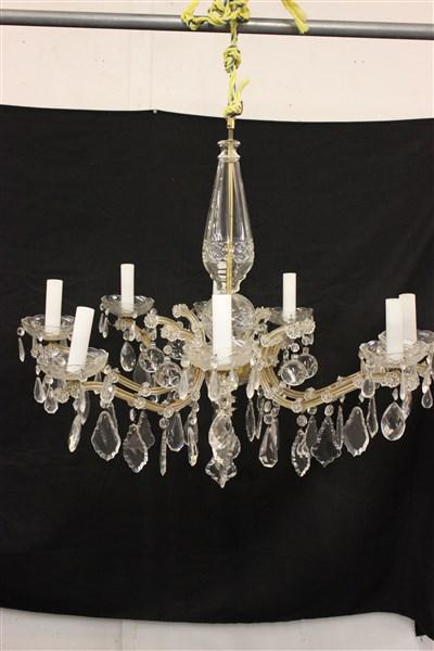 Vintage Czech Eight (8) Arm Crystal Chandelier: Vintage Czechoslovakian eight (8) arm crystal chandelier. Approx. age 60 years. Dimensions: 30"h X 34 1/2" with 3" ball drops. One of Two Available.