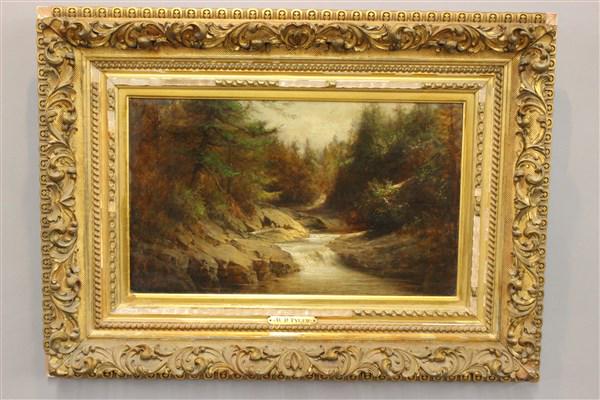 William Richardson Tyler (American,1825-1896): William Richardson Tyler (American, 1825-1896)Wooden Wilderness Landscape w/ Stream Oil on canvasSigned W.R. Tyler lower left and affixed plaque.Housed in original gold gilt frame showing loss. Dimens