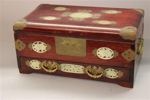 Chinese Mahogany Carved Jade Jewelry Box: An antique Chinese mahogany and carved green jade jewelry box. Dimensions: 5 1/2"h X12"L X 7"