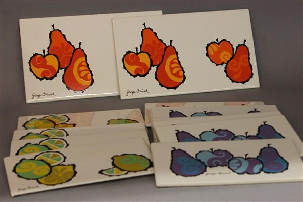 Georges Briard Enamel Kitchen Fruit Tiles: Georges Briard vintage enamel kitchen fruit tile inserts. Sixteen pieces total.Dimensions: 7" X 12" and 5" 9 1/2"