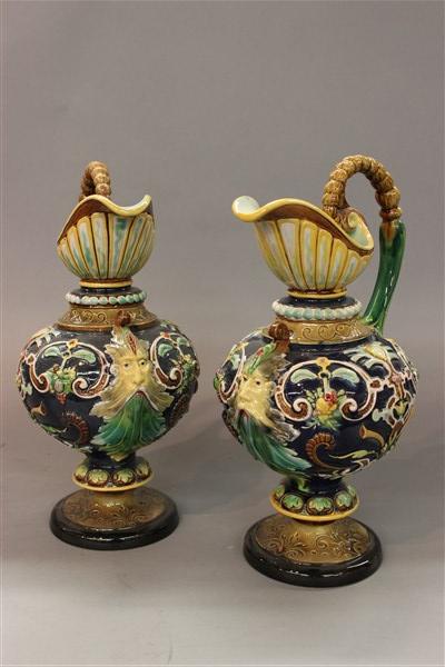 W.S. & S William Schiller Majolica Ewers: A pair of W.S. & S (William Schiller) Austrian majolica ewer jugs. Dimensions: 12 1/2" X 7"
