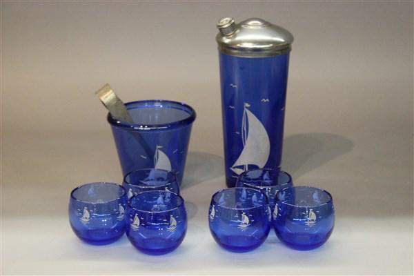 Vintage Hazel Atlas Cobalt Blue Depression Glass: Vintage 1950's Hazel Atlas cobalt blue depression glass lot. Sailboat pattern. As seen in photograph preview.