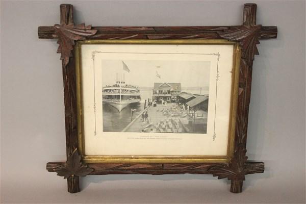Landing Of The Albany at Kingston, NY: Landing of the Albany at Kingston, NY . One of the Hudson River day line steamers making a landing at Kingston Point Dock.Housed in a Victorian walnut frame. Dimensions: 13" X 15" overall framed