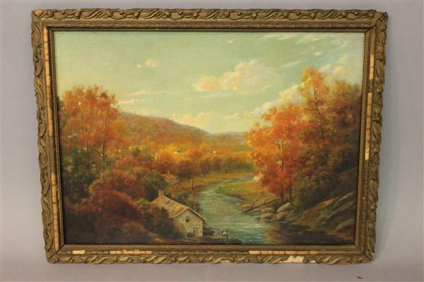 Autumn Landscape c.1933 Oil On Board: Artist: Harper R. Hunter (American, 20th century)(Member American Art League)Titled: Autumn. A boy in scene fly fishing.Oil on canvas board.Signed lower right and reverse.Created: 1933 Dimensions: 16"