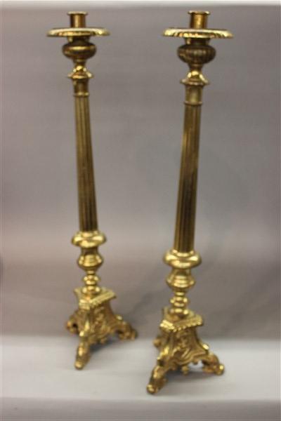 Brass Cathedral Altar Sticks: A pair of Church altar sticks with Jesus and Madonna. Dimensions: 32" X 8"