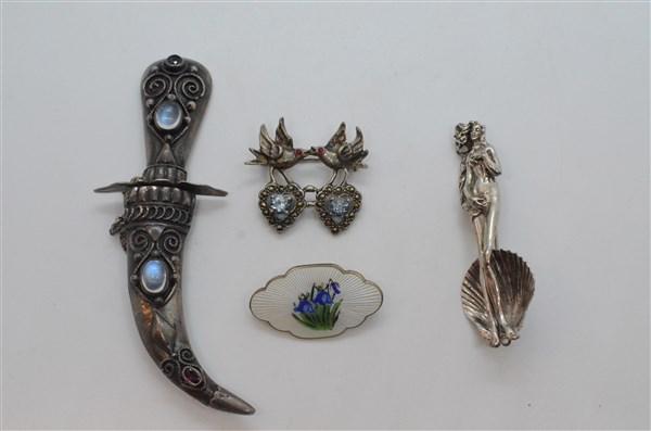 Vintage Sterling Silver Pin Lot: A grouping of estate sterling silver pins including Dagger pin with moonstones and garnets 3 3/4" X 1 1/4" Art Nouveau nude with shell pin 2 1/2"h Love Birds marcasite and gemstone pin 1 1/4" X 1 1/4"