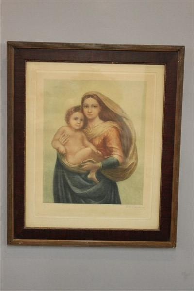 Madonna Di San Sisto Aft. Raphael Pencil Signed: Madonna Di San Sisto after Raphael. Mezzotint, printed in colors, engraved and signed by F.G. Stevenson. Housed in original frame. Dimensions: 25" X 21" including frame