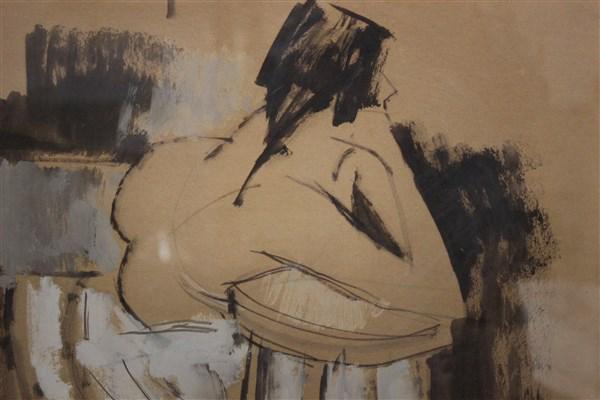Steve Chudova (American) Reclining Nude Study: Steven Chudova (American) Goache painting on paper, reclining nude study. Signed lower right. Unframed. Dimensions: 15 1/2" X 15 1/2"