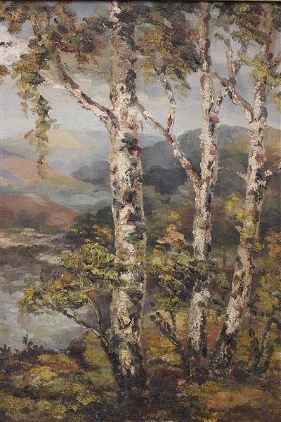 Illegibly Signed Birch Wood Tree Landscape Painting: Birchwood trees landscape Illegibly Signed K. Korlovic... Oil on canvas Dimensions: 31" X 24 1/2"