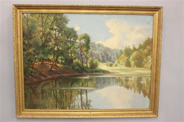J.C. Hoch Large Oil On Masonite Landscape Painting: J.C. HochForest landscape paintingOil on masonite1st Half 20th centuryDimensions: 34" X 43 1/2" framed