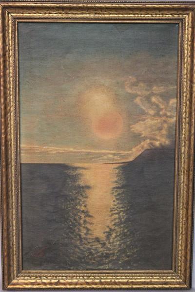 c. 1936 Sunset Oil Painting, Illegibly Signed: Sunset over water along shore line. Created 1936 Signed Illegibly lower left. Oil on canvas. Dimensions: 28" X 18 1/2" framed