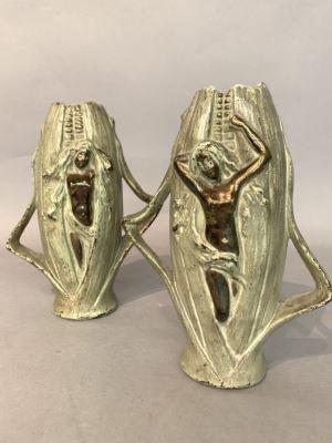 Unusual Art Deco Bronze Nudes In Corn Husk Vases (1 of 4)