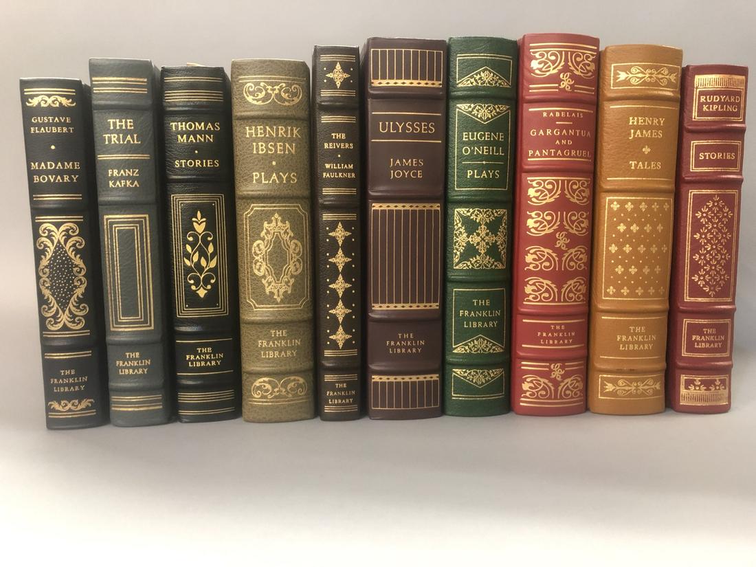 Franklin Library Leather Bound Books: Franklin Library leather bound 10 piece book lot. Titles include Madame Bovary,The Trial,Thomas Mann Plays, The Reivers,Ulysses, Gargantua and Pantagruel, Henry James and Rudyard Kipling..Condition Re