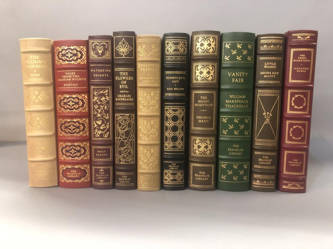 Franklin Library Leather Bound Books: Franklin Library leather bound books 10 pcs. Titles include: The Pilgrims Progress, Tales from the Arabian Nights, Withering Heights, The Flowers Of Evil, Gulliverâ€™s Travels,Humbildtâ€™s G