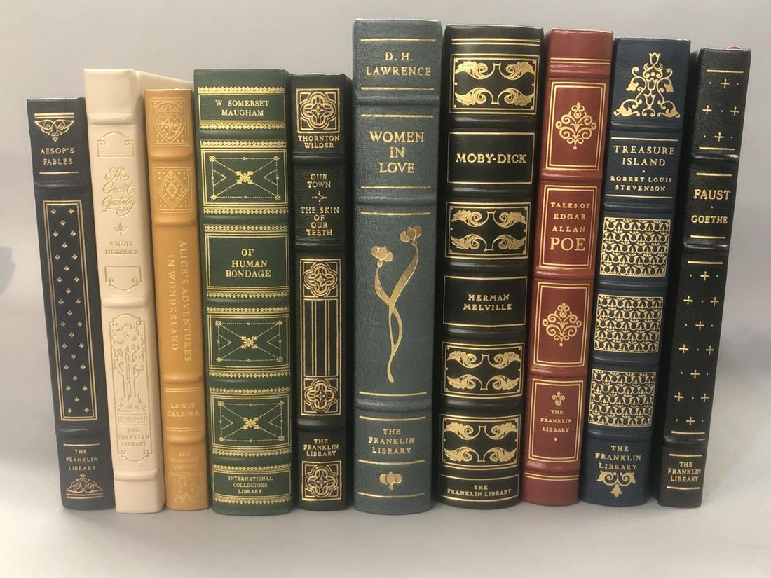 Franklin Library Leather Bound Books: Franklin Library leather bound book 10 piece lot, Titles include: Aesopâ€™s Fables,The Great Gatsby, Alice In Wonderland, Of Human Bondage, Our Town, Women In Love, Moby Dick, Tales Of Edgar Alle