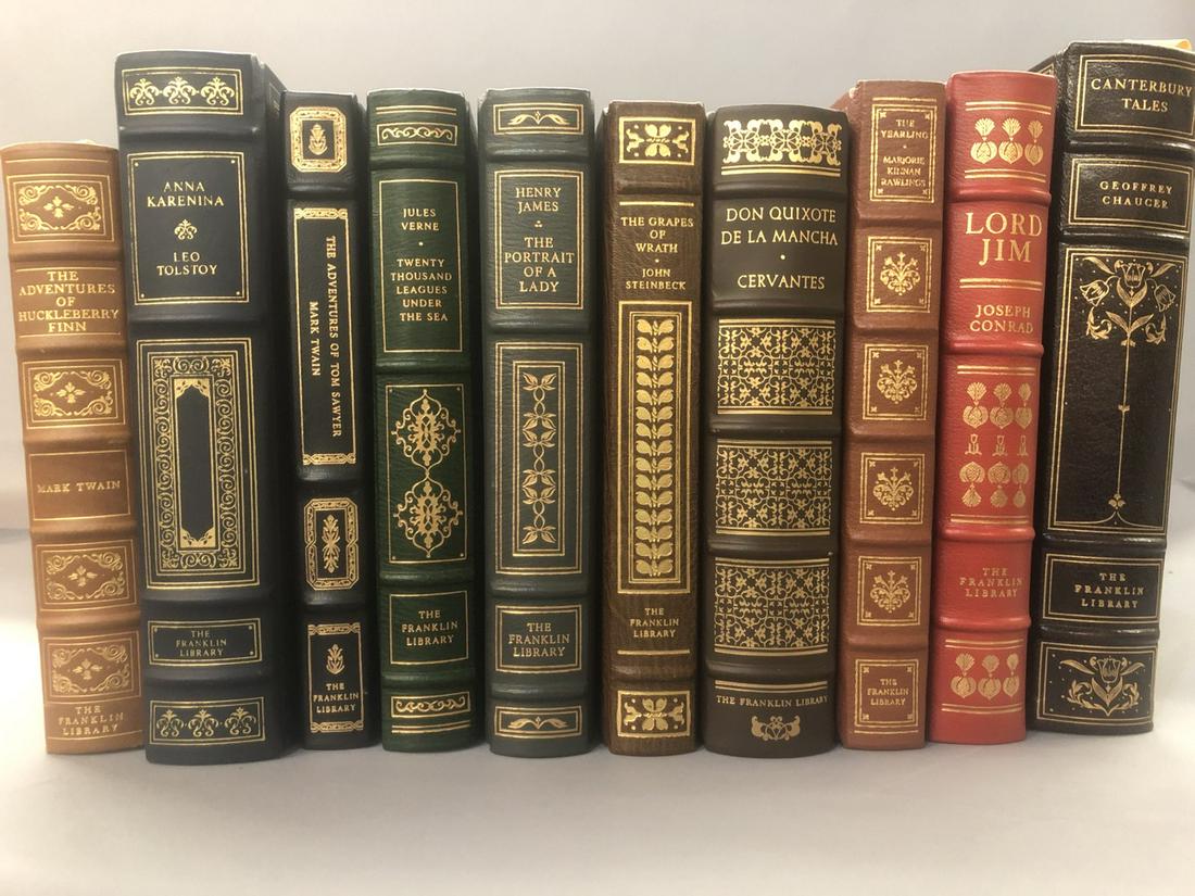 Franklin Library Leather Bound Books: Franklin Library leather bound books, 10 piece lot. Titles include: The Adventures of Huckleberry Finn, Leo Tolestoy, The Adventures of Tom Sawyer, 20,000 Legues Under The Sea, The Portrait Of The Lad