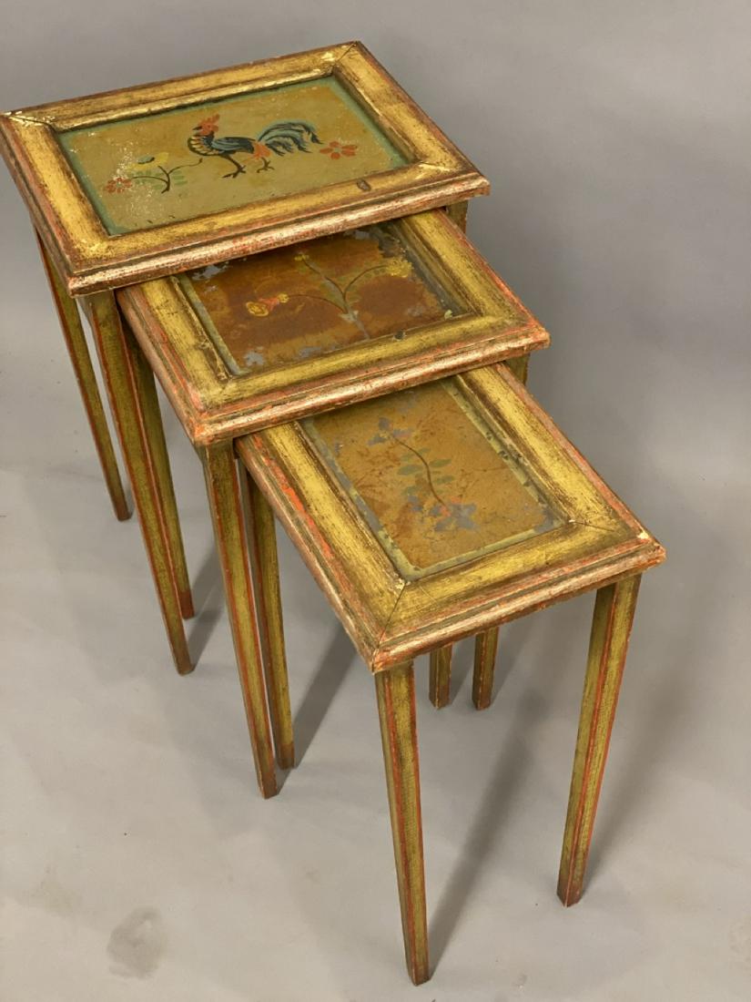Folk Art Reverse Painted Nesting Tables: Folk Art reverse painted nesting tables. Early 20th century vintage. Roosters with foliage design.Dimensions: 21” x 15” x12”