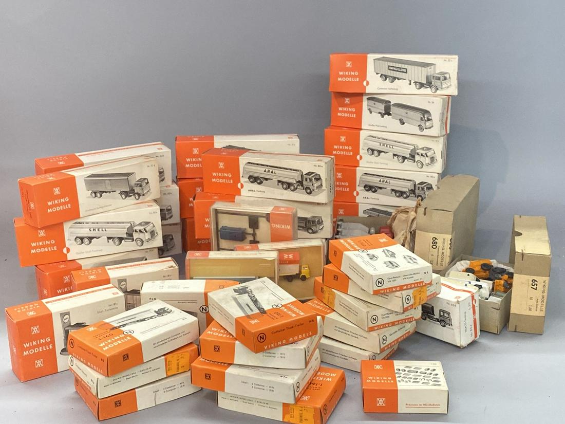 Wiking Modelle HO New Old Stock Collection: 50 pieces total new old stock train set up vehicle models. Trucks, cars etc. 1:87 HO scale and 1:160 scale. Made In Germany.Condition report: Very good, all brand new condition in boxes. Please see ph