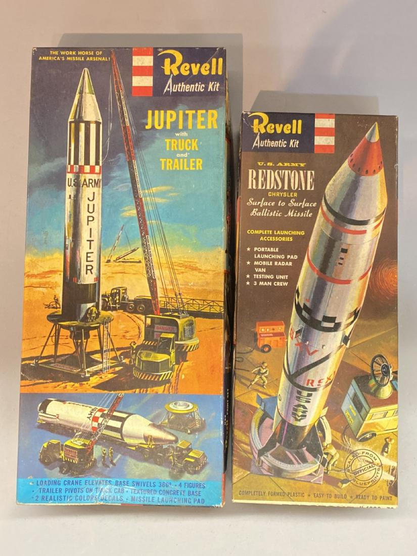 Revell Vintage Rocket Model Kits: REVELL Jupiter with truck and trailer and US Army Redstone Chrysler surface to surface ballistic missile models, authentic kits. Unused. Ccontion Report: No damage noted. Please see photograph preview