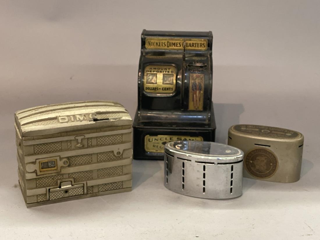 Four Antique And Vintage Savings Bank Lot: The H & H registering savings bank trunk for dimes with counter patented March 13, 1888 June 12, 1888, Uncle Samâ€™s register bank ,Greenwich savings Bank and New Model Clearview Bank. Condition 