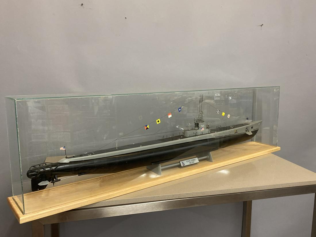 USS Cobia SS 245 ship model 15” x 55” x 8” overall: USS Cobia SS 245 Submarine Model.Dimensions: 15" X 55" X 8" overall with custom wood and lucite case.