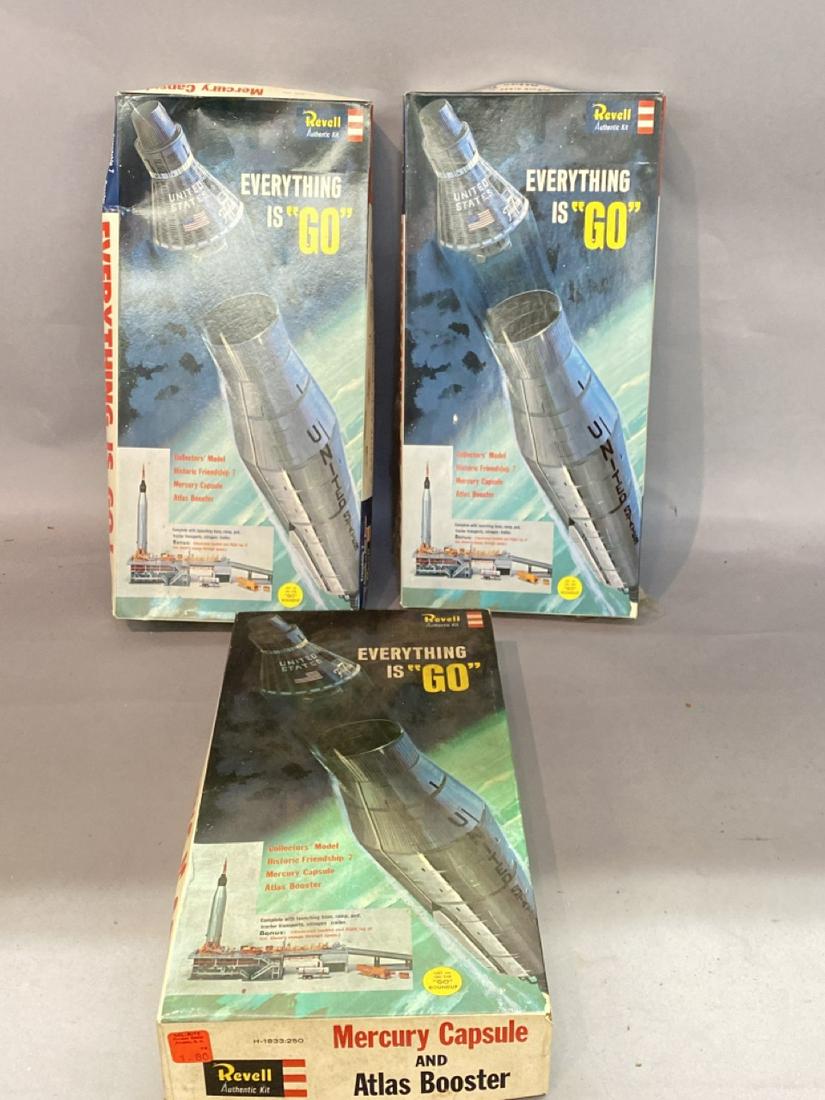 Three (3) original Revell 1960's Friendship 7 Spaceship: Three (3) original Revell everything is “ Go” 1960's Friendship 7 Mercury Capsule and Atlas Booster. Undone models. New/Old Stock.