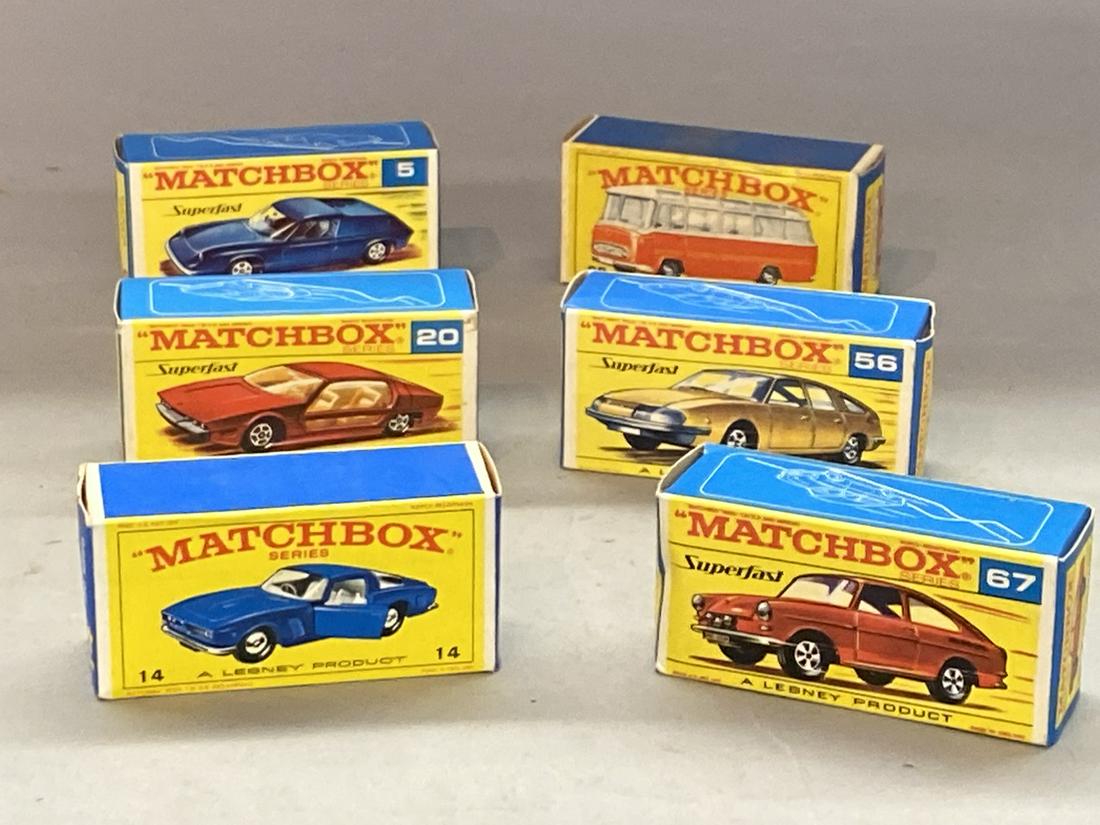 Lesney 1960: Six vintage Matchbox cars by Lesney including 5, 14, 20, 56, 67, 68, all with boxes. Very good.
