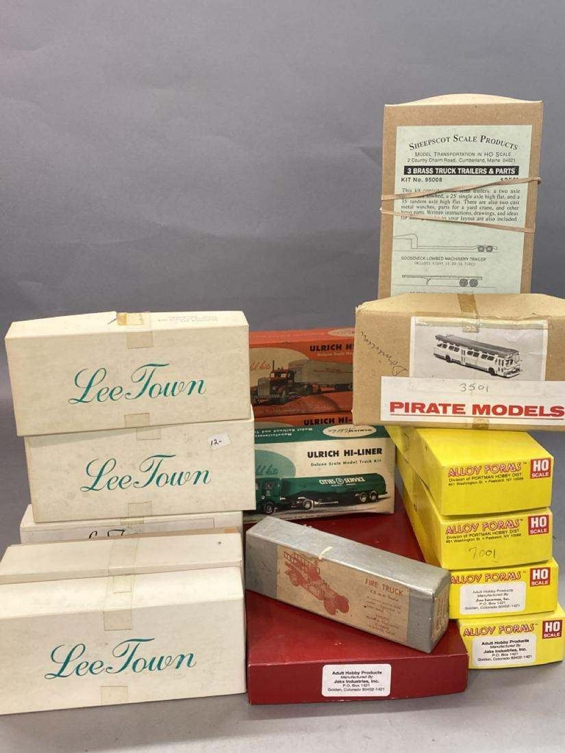 Vintage Tractor Trailer Model Lot: Sixteen (16) Piece Tractor Trailer Models including Lee Town, Ukrich, Jak Industries (one is building) Pirate Models and Fire Truck Pacific Model and Engineering Company Alameda, Calif.