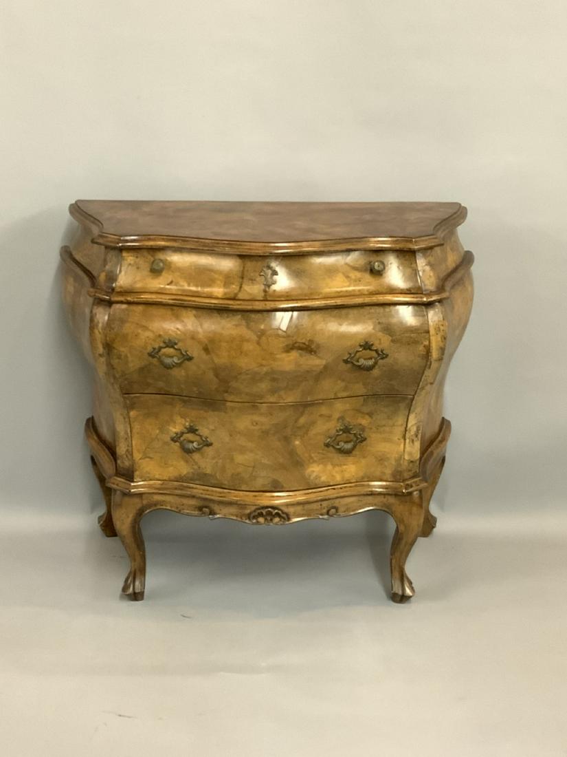 Italian Burlwood Bombay Style Diminutive Chest: Ethan Allen diminutive three drawer Bombay style chest. Made in Italy. Nice burl veneer work. Dimensions: 27"h X 30"w X 15"d