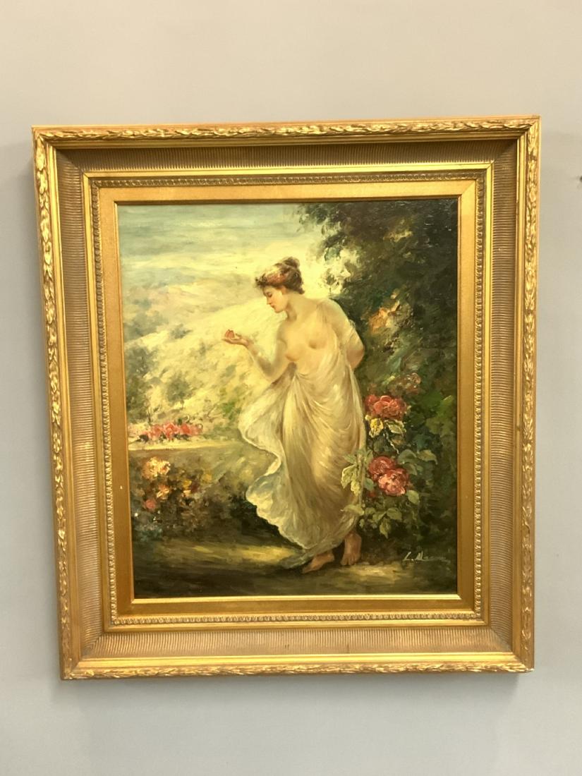 Impressionist Style Nude Oil Painting: Artist (L. Mason, American 20th century) Impressionist style nude female in garden. Oil on Canvas Dimensions: 23 1/2" X 19" and 32" X 28" housed in fine gold gilt frame.