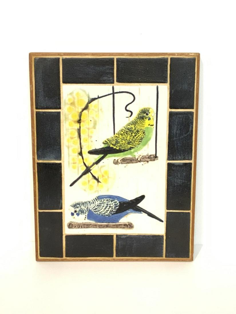Royal Copenhagen Porcelain Parakeet Tile: Royal Copenhagen porcelain tile with parakeets. Crown paper label reverse. Housed in wood frame. Dimensions: 12 1/2" X 9 3/4"