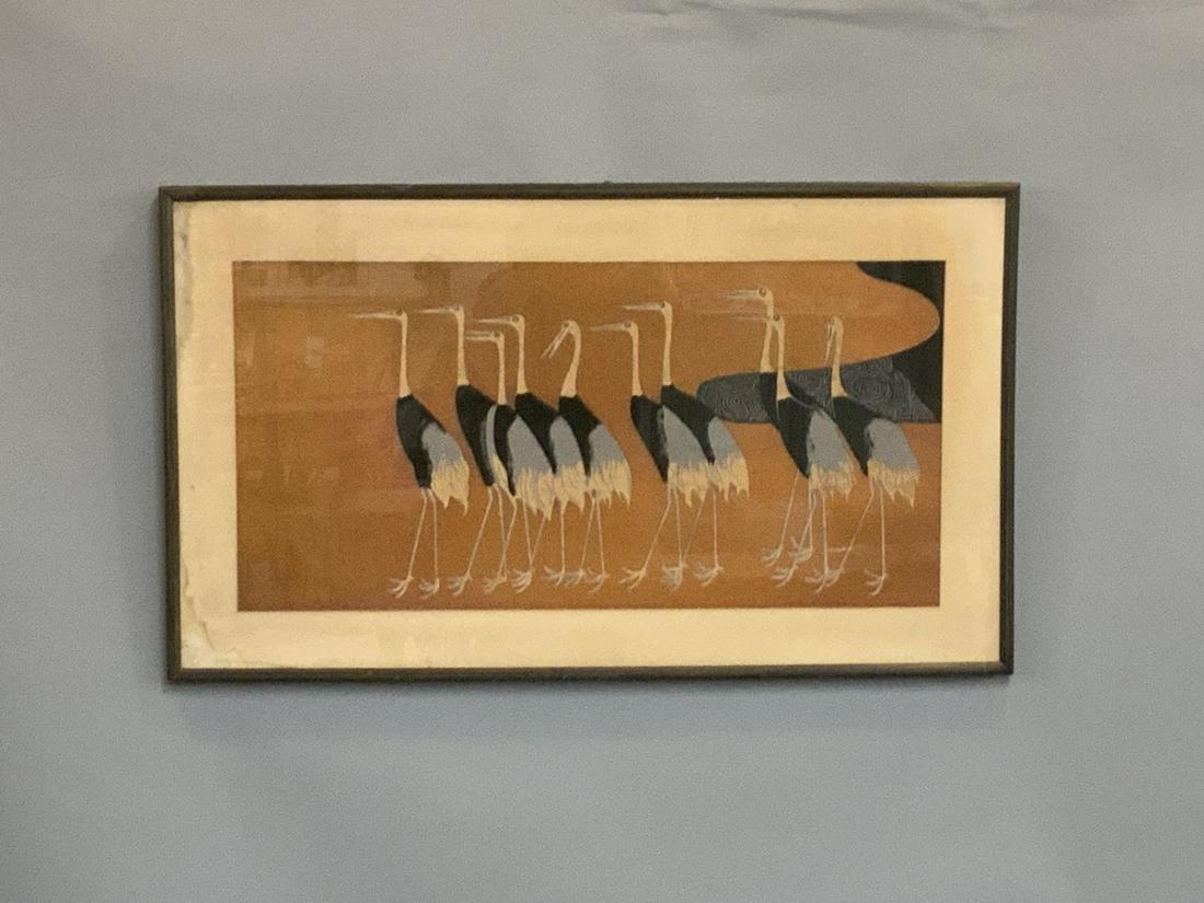 Art Deco Period Crane Foil Print: Decorative Art Deco period print with cranes. Dimensions: 21" X 36" Water staining within matte area noted. Please see photograph preview or call.