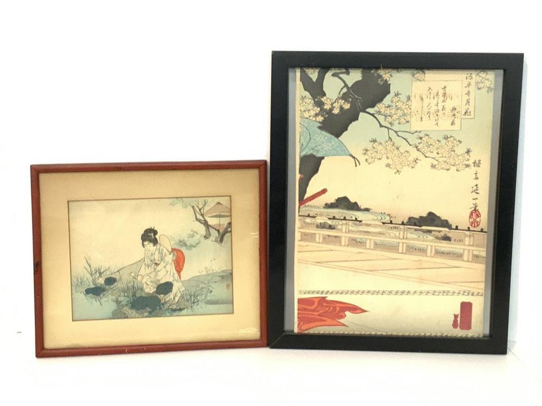 Two piece Japanese wood block prints 13 1/2 x 10 and (1 of 8)