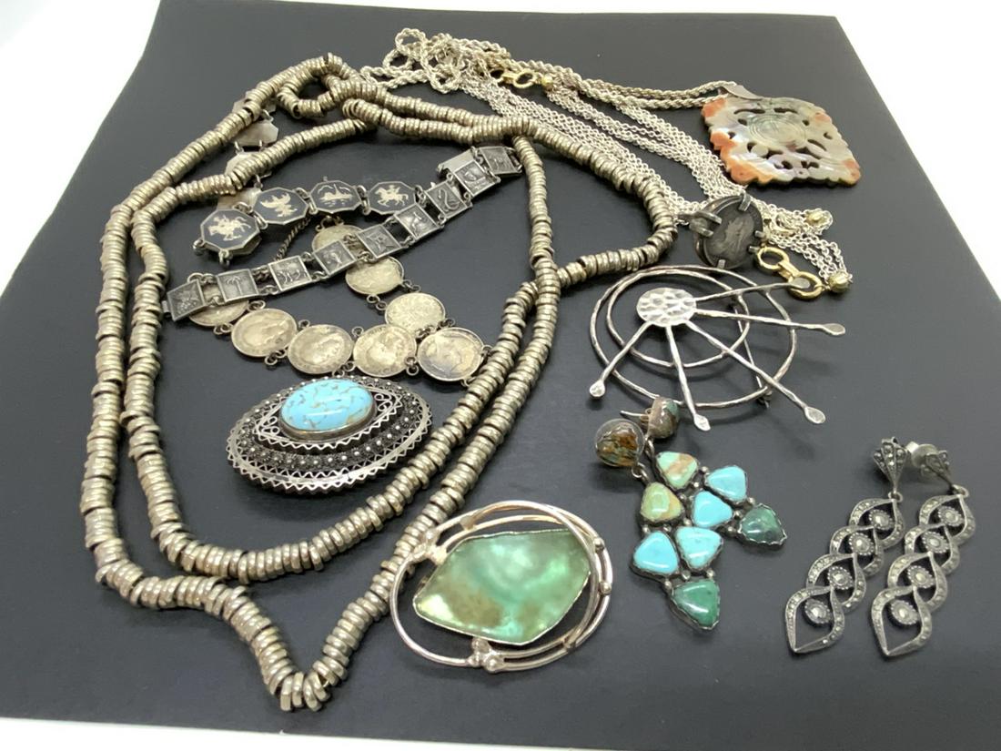 Sterling Silver Jewelry Grouping: Assorted sterling silver jewelry lot incuding antique pieces, marcasite, Mexican, ring etc.