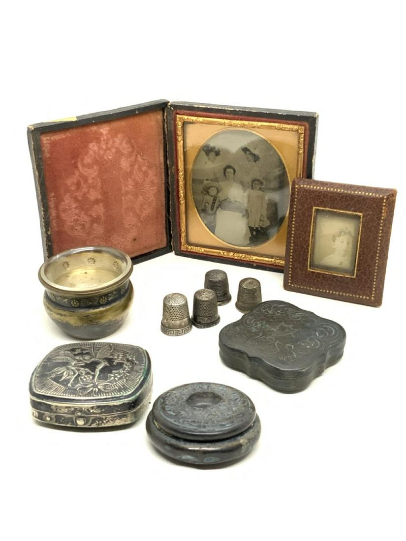 Compiled Victorian Accessory, Tin Type, Sewing Lot: A compiled grouping of objects including Art Novueau compact, tyin type of family with young boy dressed as Calvary soldier, sterling silver sewing thimbles, silver boxes and silver plated jar with gl