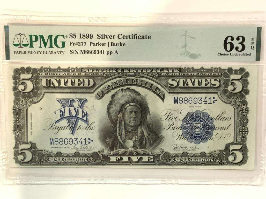 1899 $5 Indian Chief Silver Certificate Note PMG 63 EPQ (1 of 4)