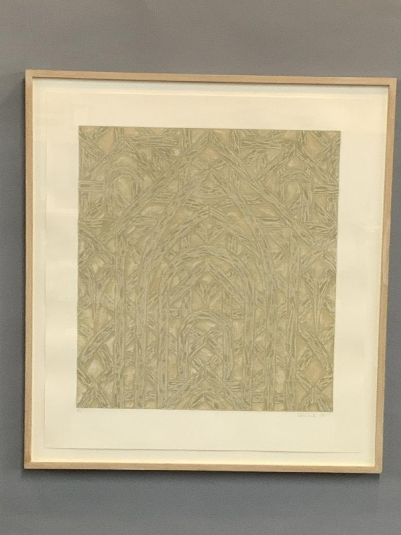 Valerie Jaudon (American, b.1945): Valerie Jaudon (American, b. 1945)Untitled: Abstract design (Khaki green and beige colors)Etching And Aquatint 9/15Created 1981Dimensions: 36" X 33" Framed Missing frame glass. Provenance: Part Of The