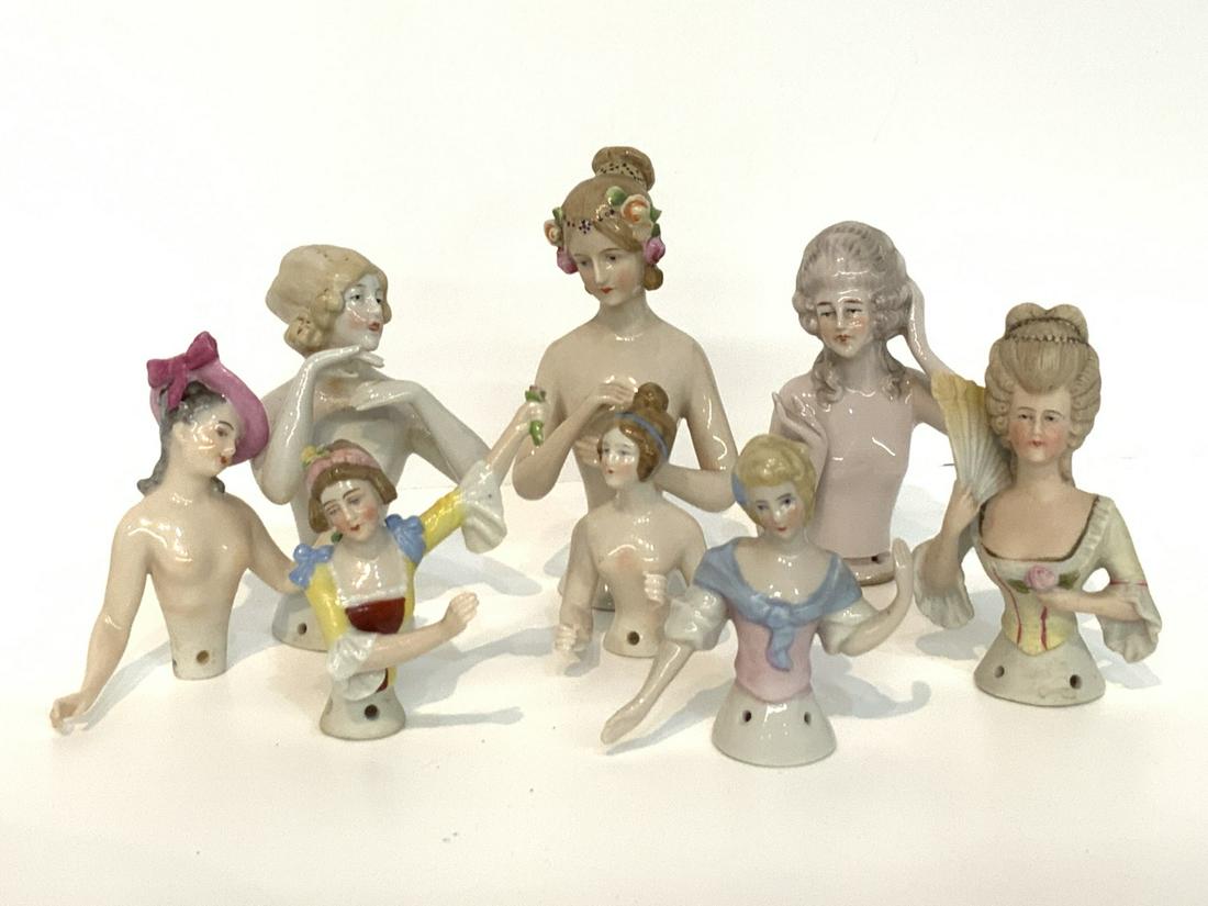 Eight (8) German Porcelain Half Dolls: Eight (8) piece German porcelain half dolls. Dimensions: 3"- 4 1/2" heights