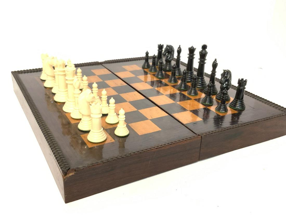 German Chess Set: Antique German inlaid wood chest set with backgammon.Good condition: Some edge trim missing to backgammonl board. Please see photograph preview.