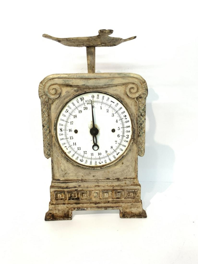 Antique Cast Iron Scale: Antique cast iron scale, probably German late 19th century. Dimensions: 12"h X 7"w X 4"d