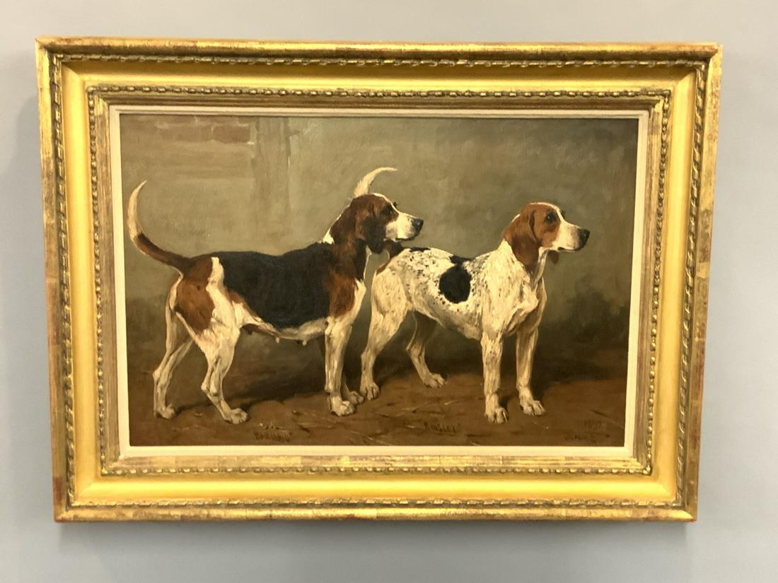 John Emms (British, 1843-1912) Ringlet And Barmaid: John Emms ( British, 1843-1912)Titled: Ringlet And BarmaidOil on canvasSigned lower right and dated 1892Dimensions: 15 1/4"h X 23 1/4"w and 21 1/2"h X 29 1/2"wProvenance:Acquired form a New England ar